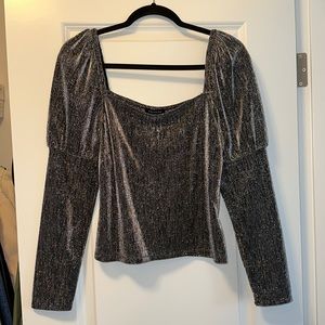 Semi sheer shimmery long sleeve top with square neckline.